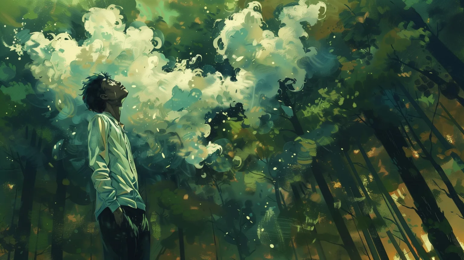 Poet in a forest stares at the sky while composing poetry